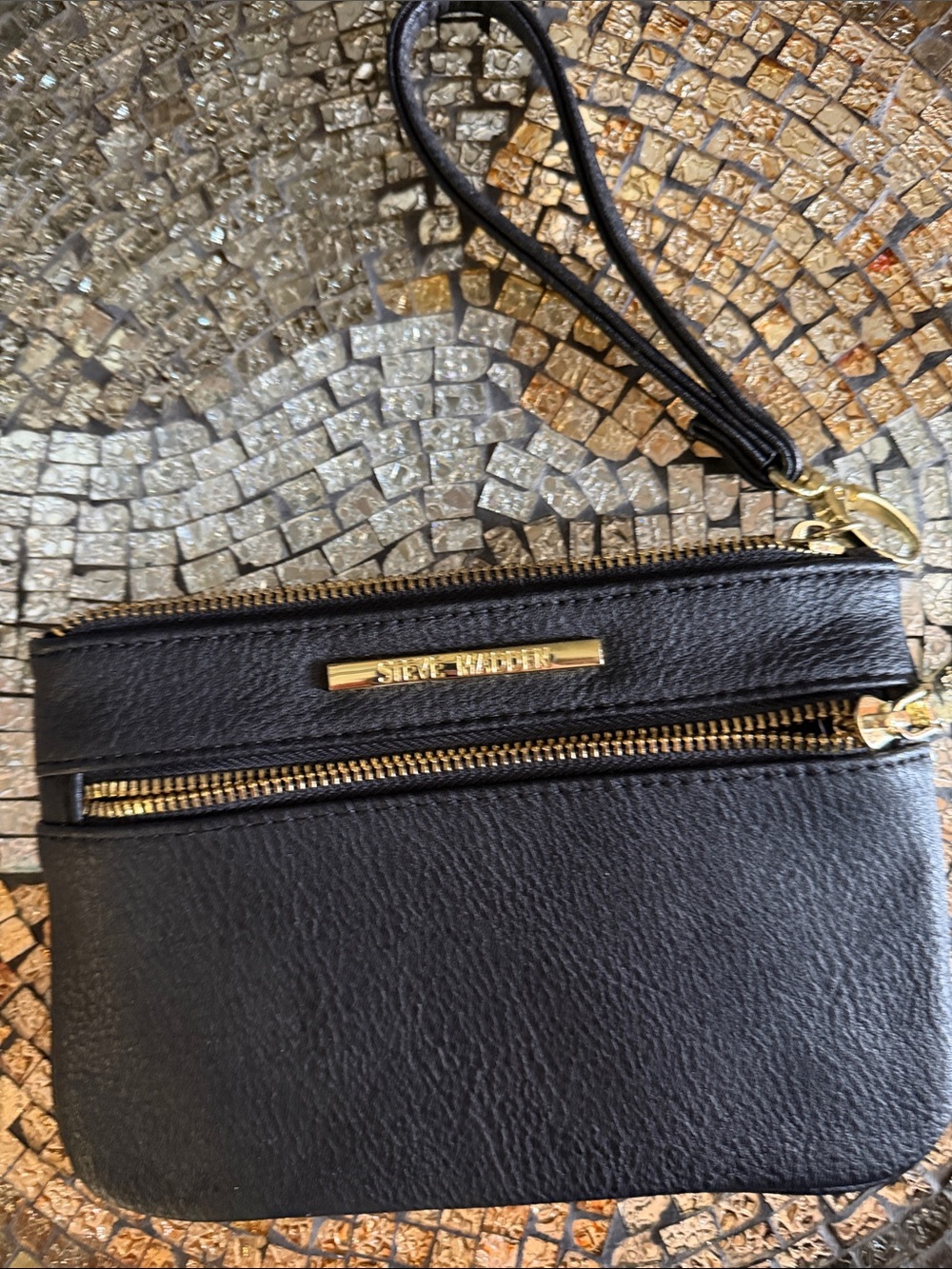 Steve Madden Black Leather Wristlet Clutch with Gold Zipper